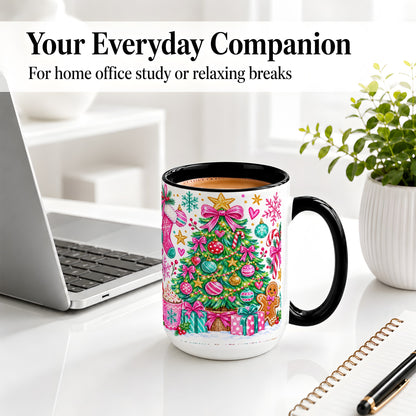 #pl[15oz|Black] Pink Christmas Tree Ceramic Mug, Festive Candy Cane Holiday Design
