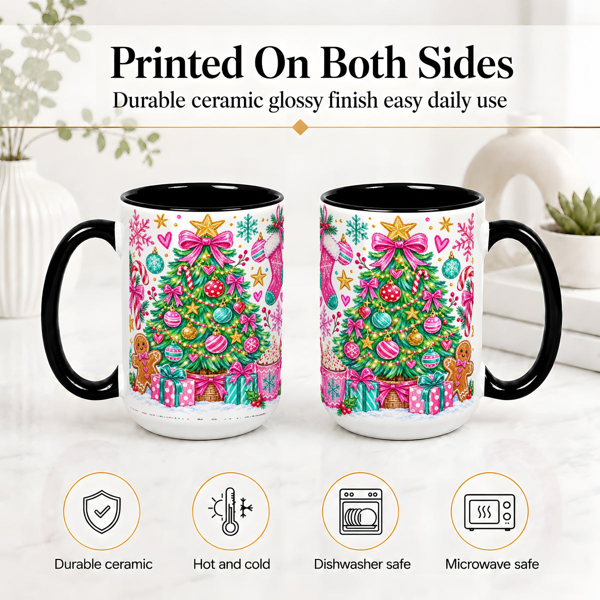 #pl[15oz|Black] Pink Christmas Tree Ceramic Mug, Festive Candy Cane Holiday Design