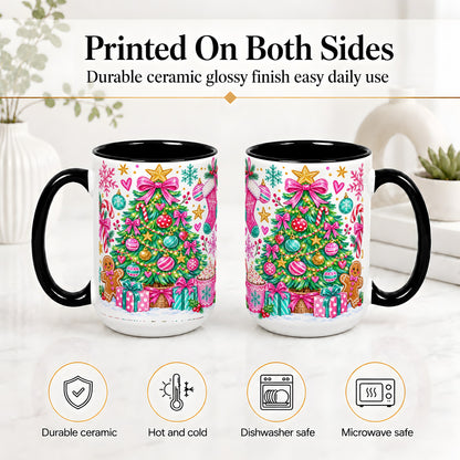 #pl[15oz|Black] Pink Christmas Tree Ceramic Mug, Festive Candy Cane Holiday Design
