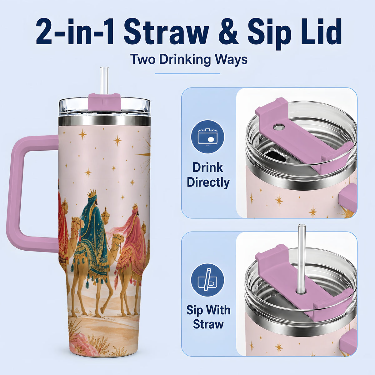 #pl[40oz|Pink] Three Wise Men 40oz Tumbler, Christmas Desert Journey Artwork