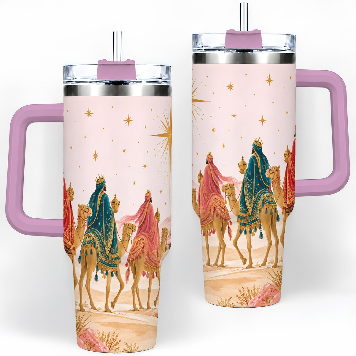 #pl[40oz|Pink] Three Wise Men 40oz Tumbler, Christmas Desert Journey Artwork