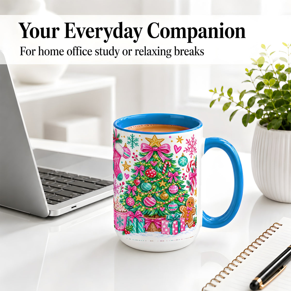 #pl[15oz|Blue] Pink Christmas Tree Ceramic Mug, Festive Candy Cane Holiday Design