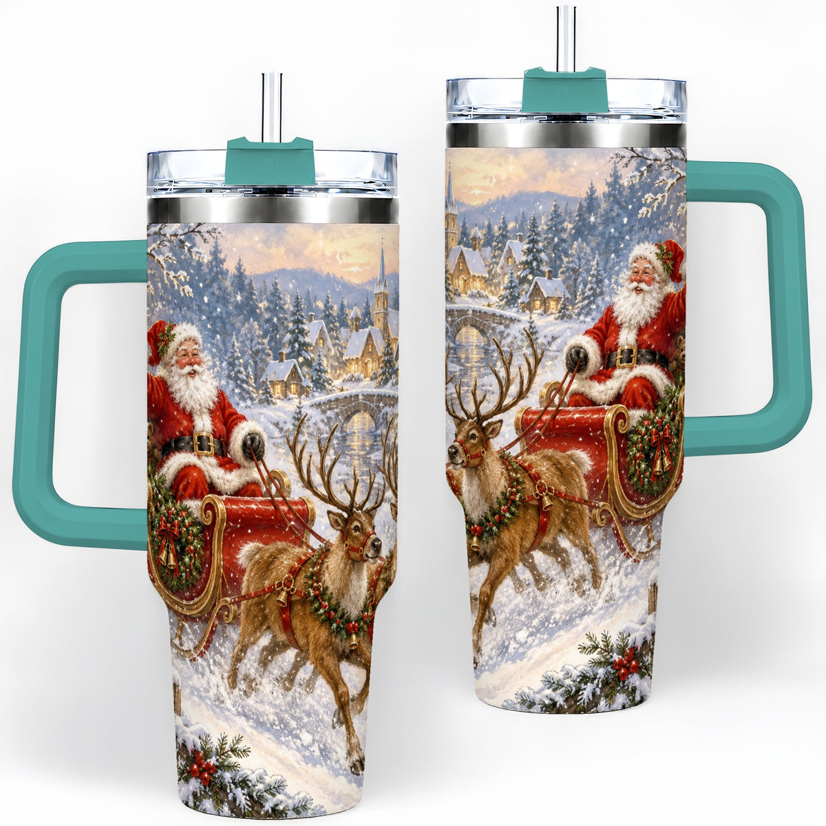 #pl[40oz|Green] Christmas Santa Sleigh 40oz Tumbler, Stainless Steel Drinkware