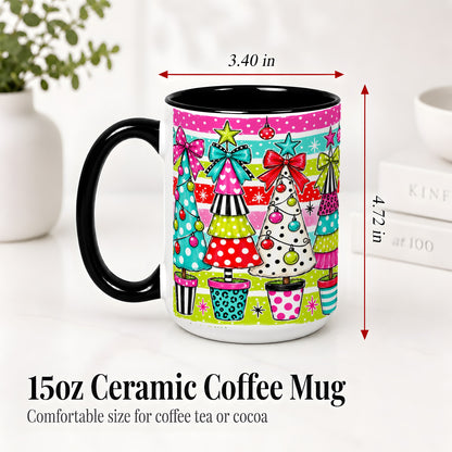 #pl[15oz|Black] Colorful Christmas Trees Ceramic Mug, Polka Dot Holiday Design