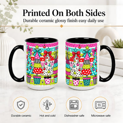#pl[15oz|Black] Colorful Christmas Trees Ceramic Mug, Polka Dot Holiday Design