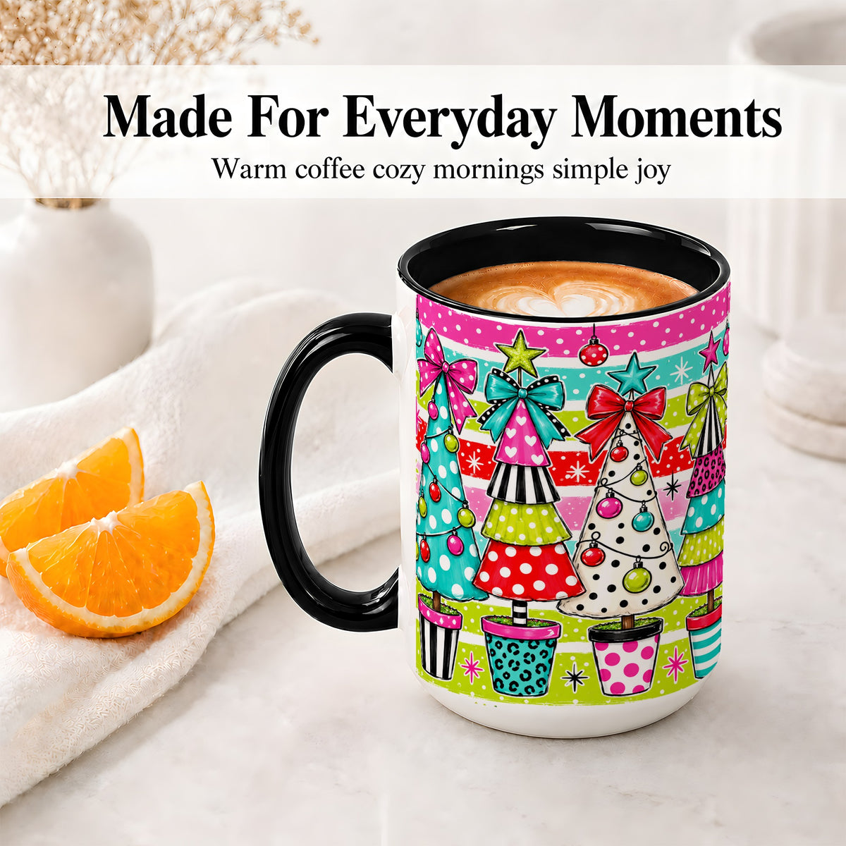#pl[15oz|Black] Colorful Christmas Trees Ceramic Mug, Polka Dot Holiday Design