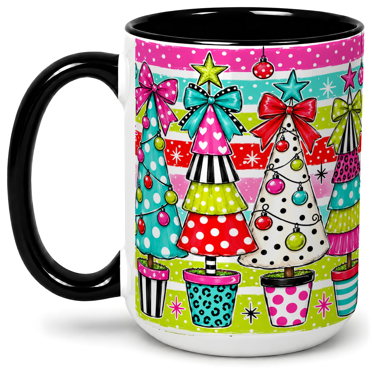 #pl[15oz|Black] Colorful Christmas Trees Ceramic Mug, Polka Dot Holiday Design