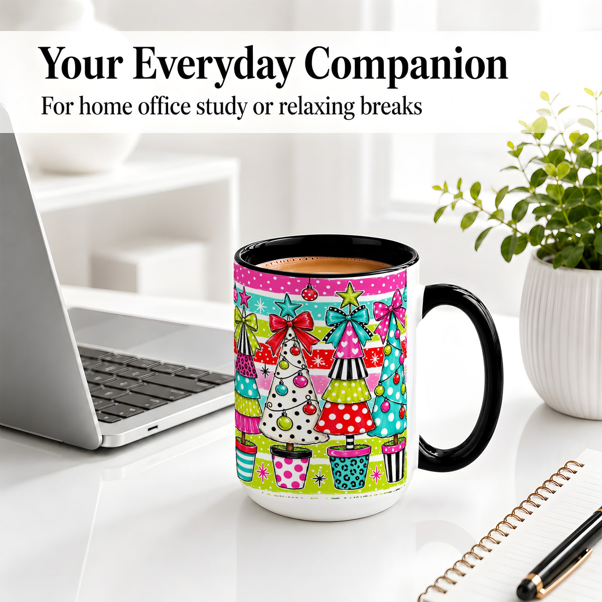#pl[15oz|Black] Colorful Christmas Trees Ceramic Mug, Polka Dot Holiday Design