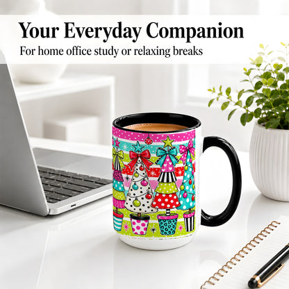 #pl[15oz|Black] Colorful Christmas Trees Ceramic Mug, Polka Dot Holiday Design
