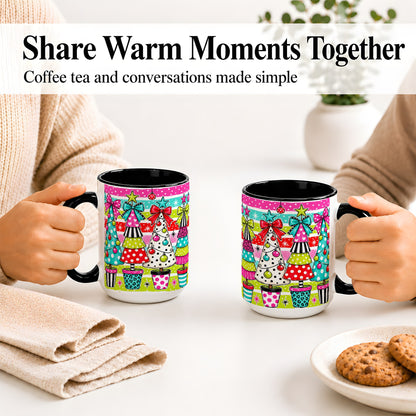 #pl[15oz|Black] Colorful Christmas Trees Ceramic Mug, Polka Dot Holiday Design