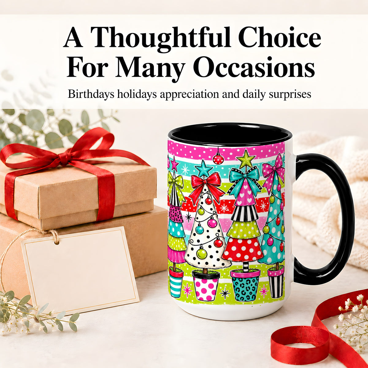 #pl[15oz|Black] Colorful Christmas Trees Ceramic Mug, Polka Dot Holiday Design