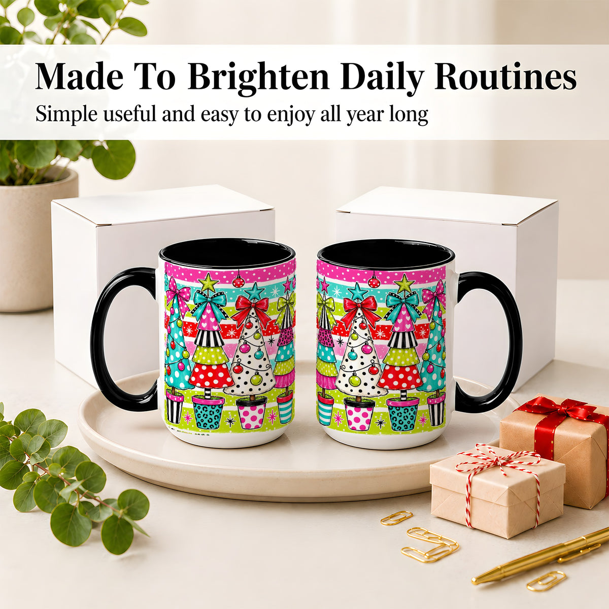 #pl[15oz|Black] Colorful Christmas Trees Ceramic Mug, Polka Dot Holiday Design