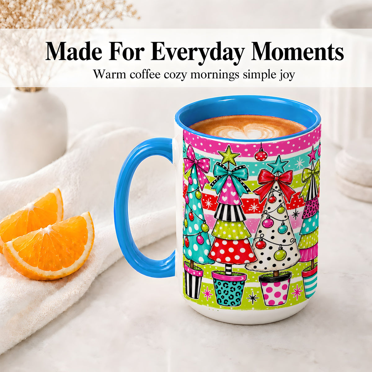 #pl[15oz|Blue] Colorful Christmas Trees Ceramic Mug, Polka Dot Holiday Design