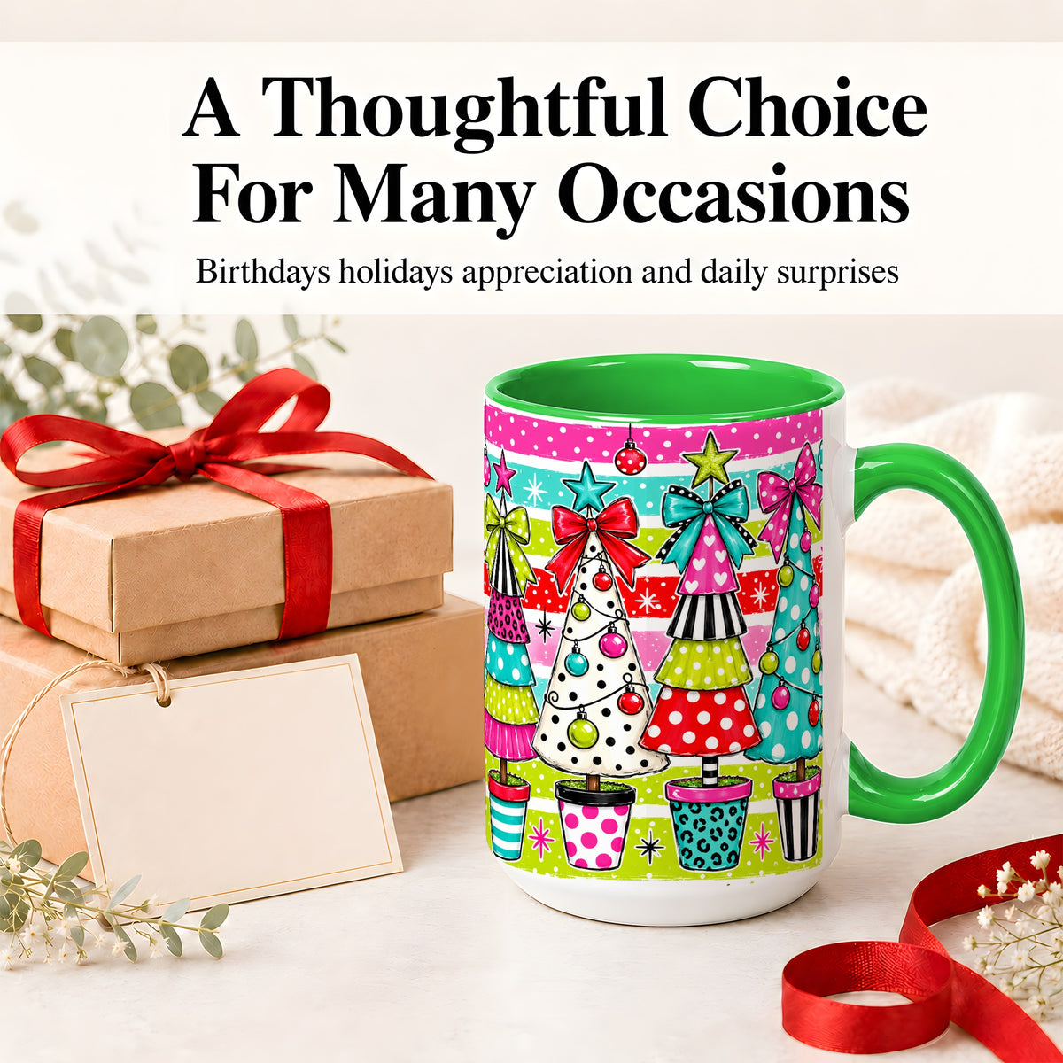 #pl[15oz|Green] Colorful Christmas Trees Ceramic Mug, Polka Dot Holiday Design