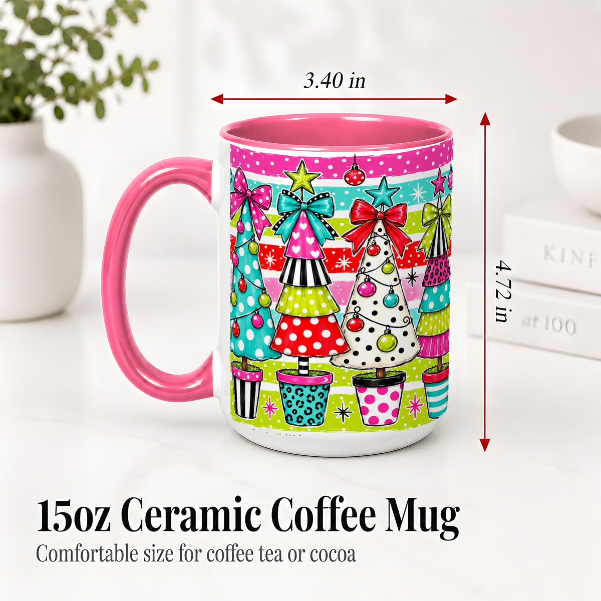 #pl[15oz|Pink] Colorful Christmas Trees Ceramic Mug, Polka Dot Holiday Design
