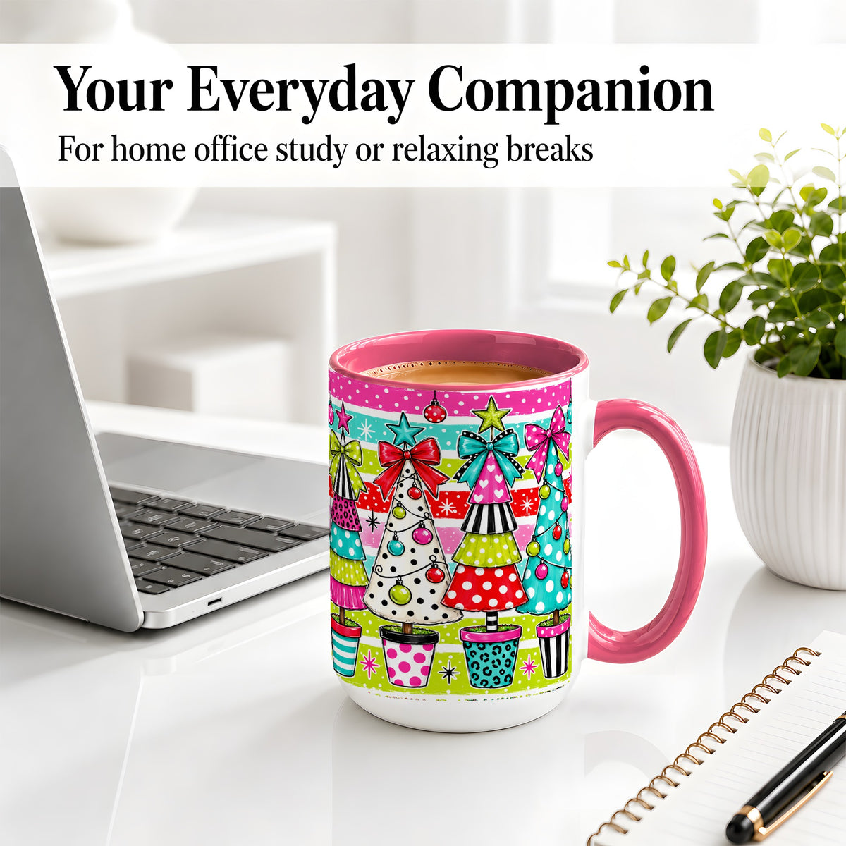 #pl[15oz|Pink] Colorful Christmas Trees Ceramic Mug, Polka Dot Holiday Design