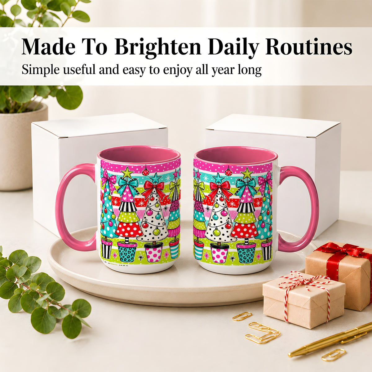 #pl[15oz|Pink] Colorful Christmas Trees Ceramic Mug, Polka Dot Holiday Design