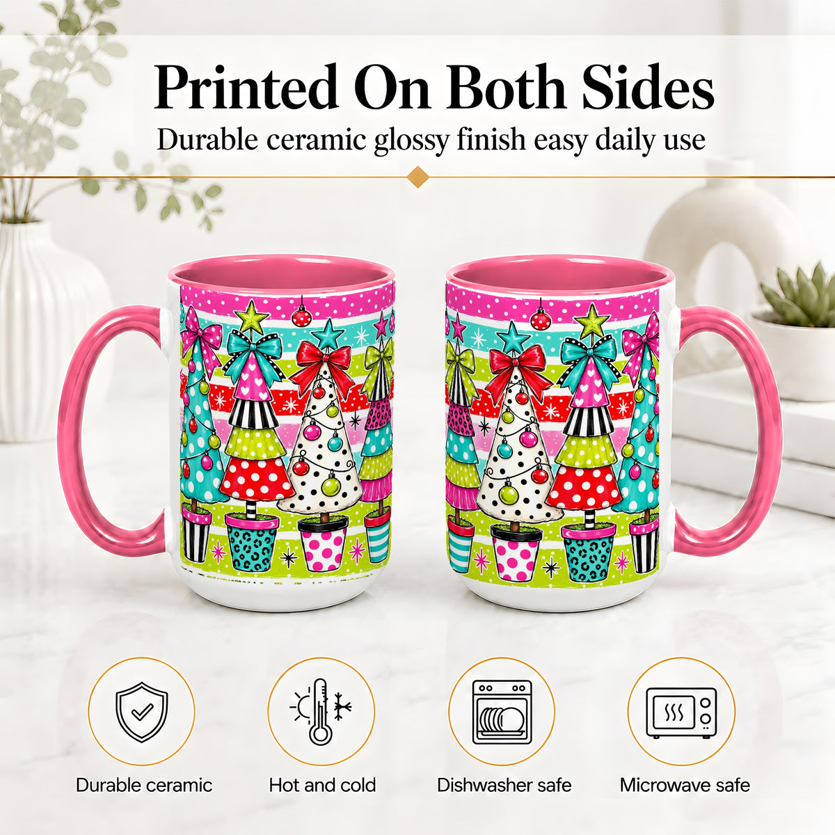 #pl[15oz|Pink] Colorful Christmas Trees Ceramic Mug, Polka Dot Holiday Design