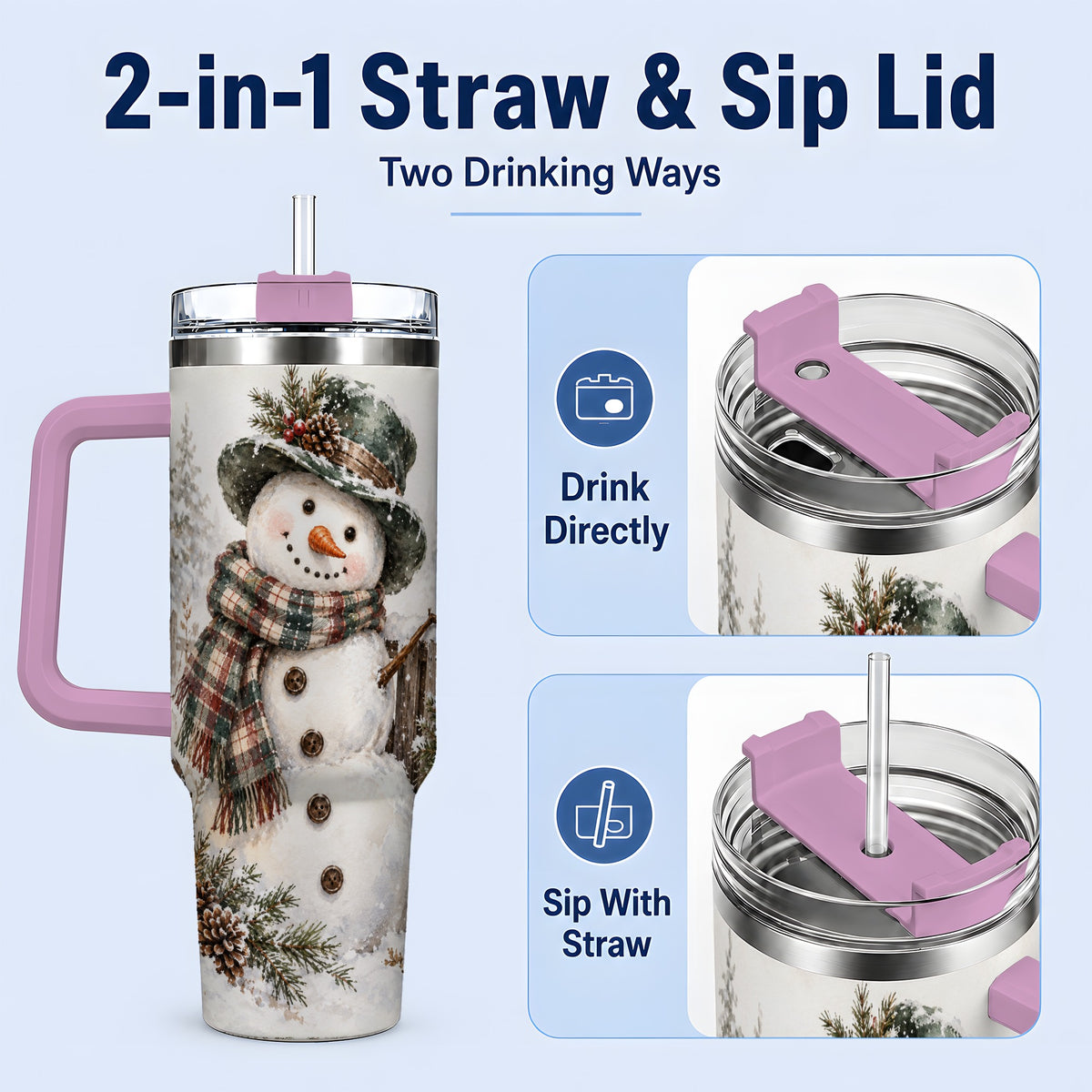 #pl[40oz|Pink] Winter Snowman 40oz Tumbler, Stainless Steel Drinkware