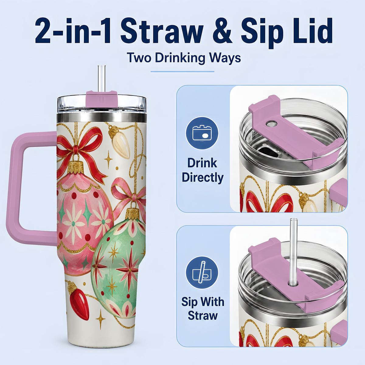 #pl[40oz|Pink] Retro Christmas Ornaments 40oz Tumbler, Stainless Steel Drinkware