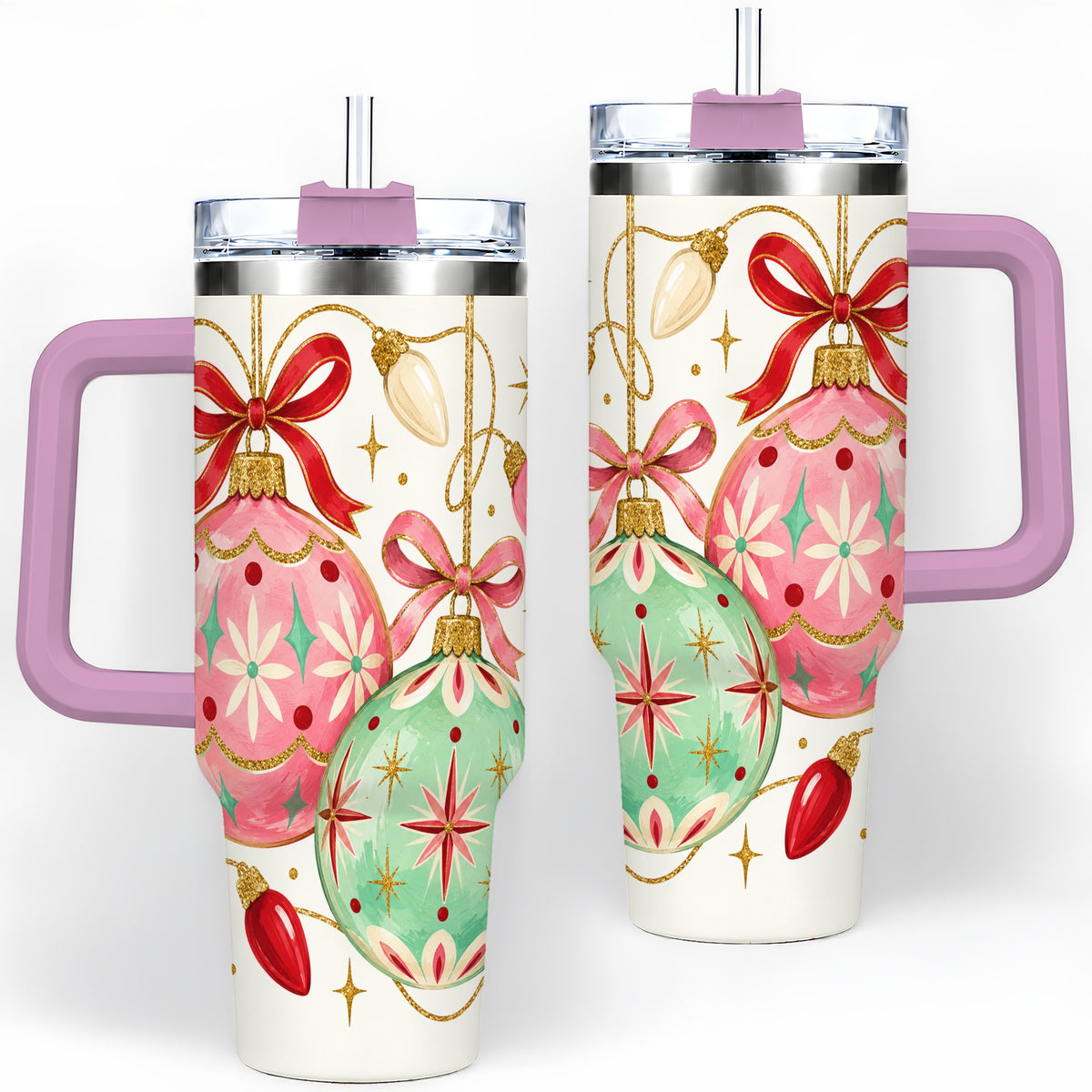 #pl[40oz|Pink] Retro Christmas Ornaments 40oz Tumbler, Stainless Steel Drinkware