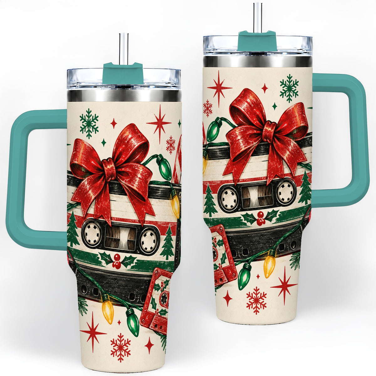 #pl[40oz|Green] Retro Christmas Cassette 40oz Tumbler, Stainless Steel Drinkware