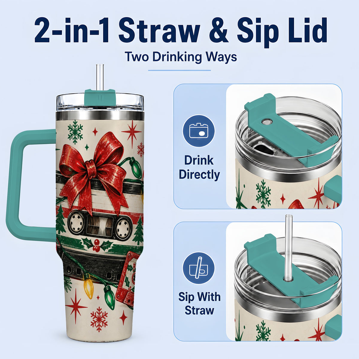 #pl[40oz|Green] Retro Christmas Cassette 40oz Tumbler, Stainless Steel Drinkware