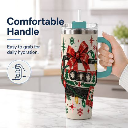 #pl[40oz|Green] Retro Christmas Cassette 40oz Tumbler, Stainless Steel Drinkware