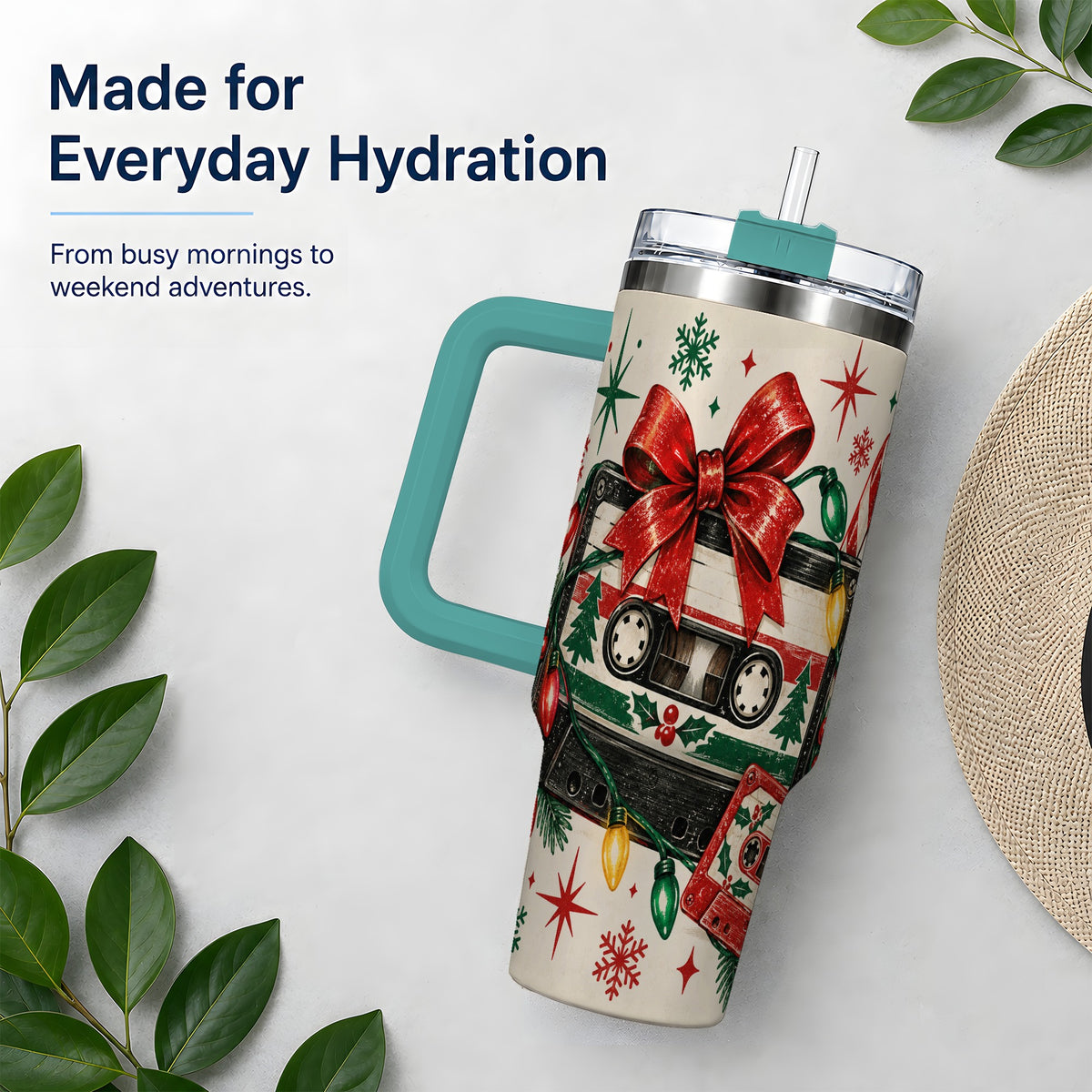 #pl[40oz|Green] Retro Christmas Cassette 40oz Tumbler, Stainless Steel Drinkware
