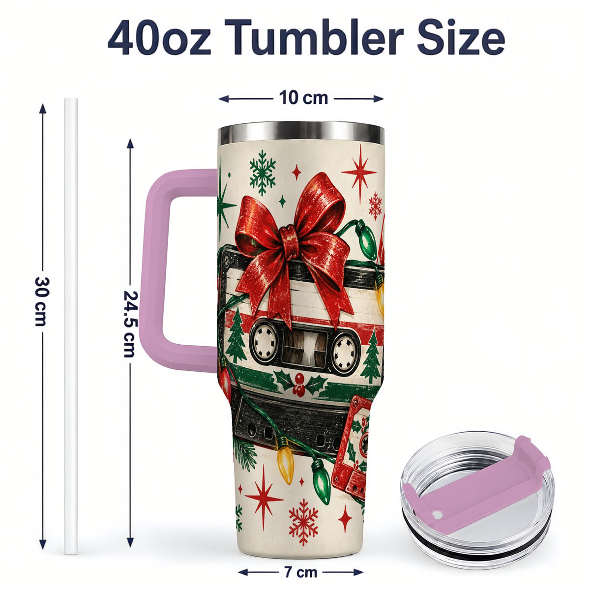 #pl[40oz|Pink] Retro Christmas Cassette 40oz Tumbler, Stainless Steel Drinkware