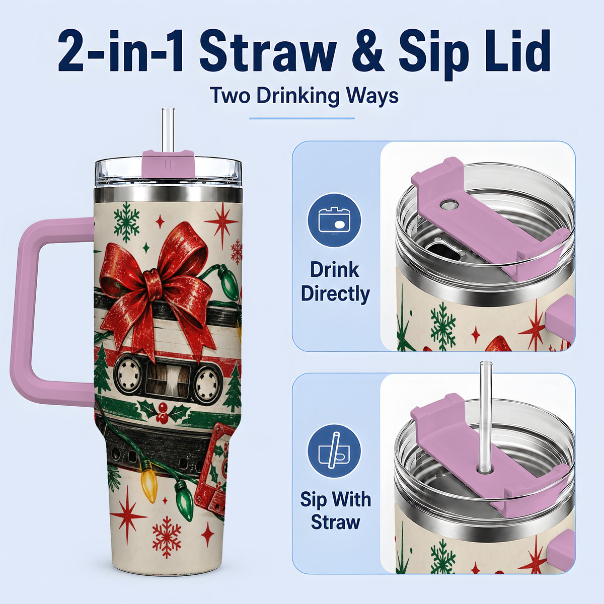 #pl[40oz|Pink] Retro Christmas Cassette 40oz Tumbler, Stainless Steel Drinkware