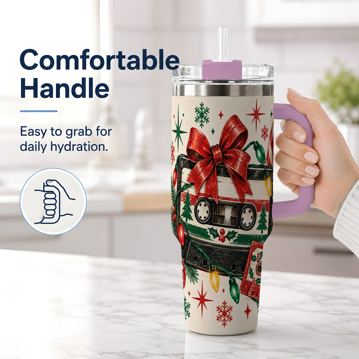 #pl[40oz|Pink] Retro Christmas Cassette 40oz Tumbler, Stainless Steel Drinkware