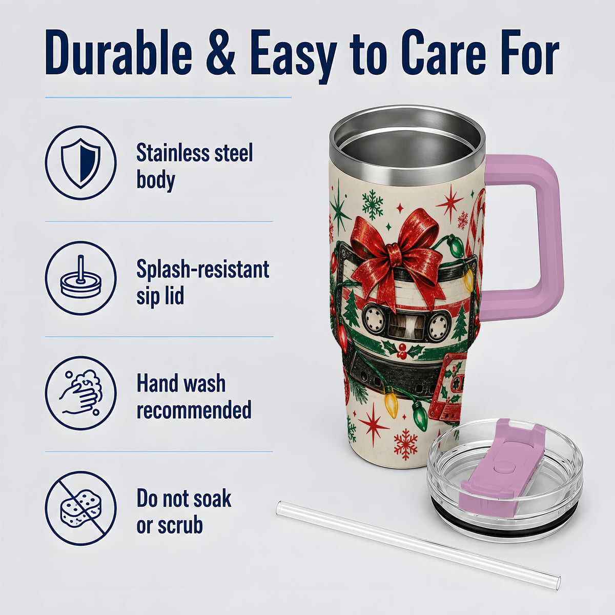 #pl[40oz|Pink] Retro Christmas Cassette 40oz Tumbler, Stainless Steel Drinkware