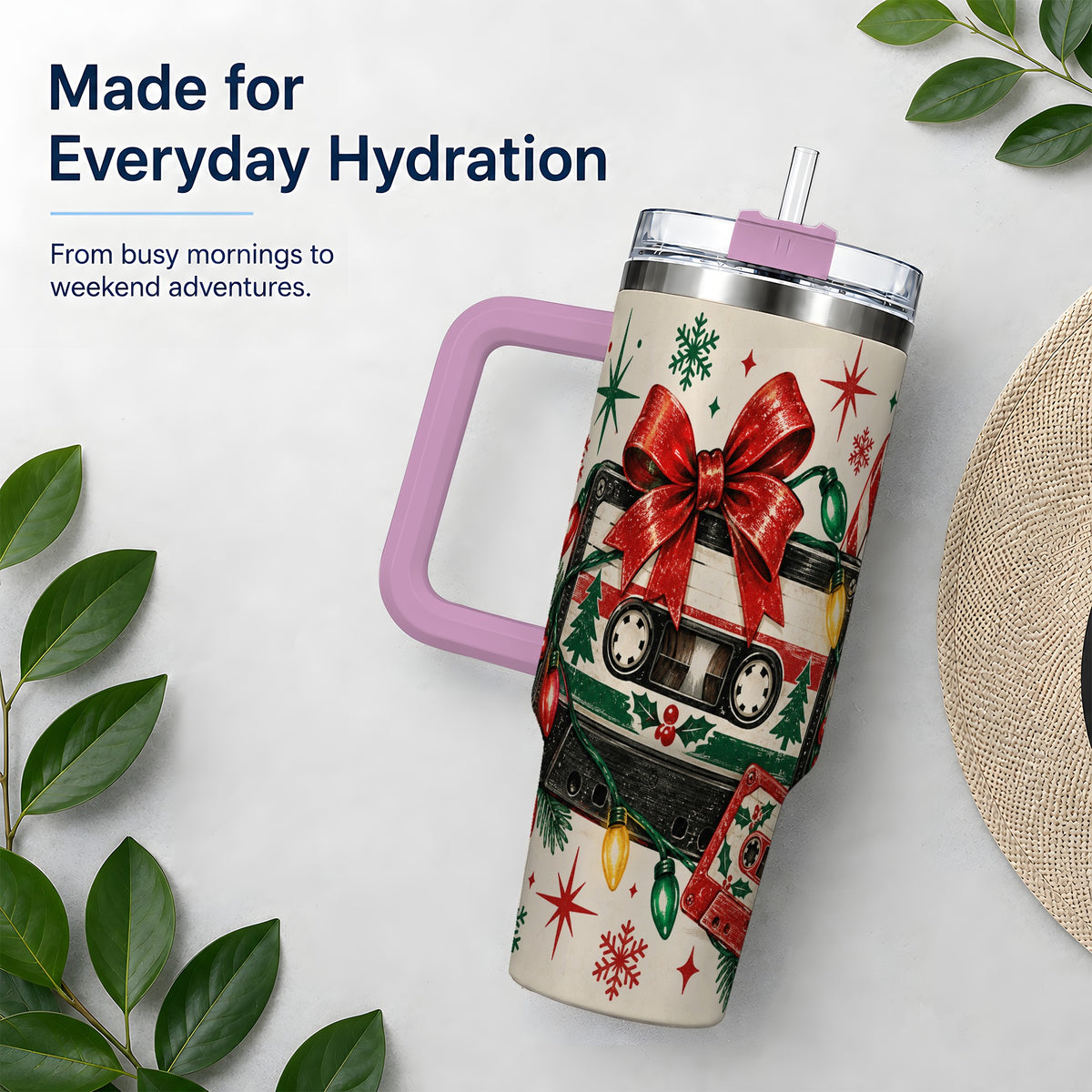 #pl[40oz|Pink] Retro Christmas Cassette 40oz Tumbler, Stainless Steel Drinkware