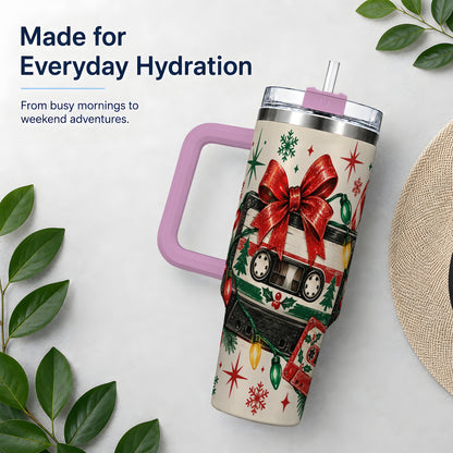 #pl[40oz|Pink] Retro Christmas Cassette 40oz Tumbler, Stainless Steel Drinkware
