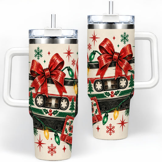 Retro Christmas Cassette 40oz Tumbler, Stainless Steel Drinkware