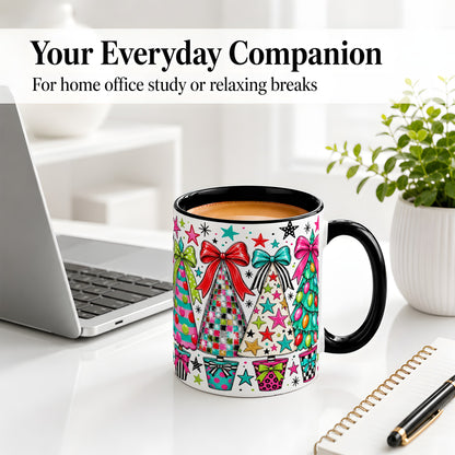 #pl[11oz|Black] Colorful Bow Christmas Trees Ceramic Mug, Whimsical Holiday Design