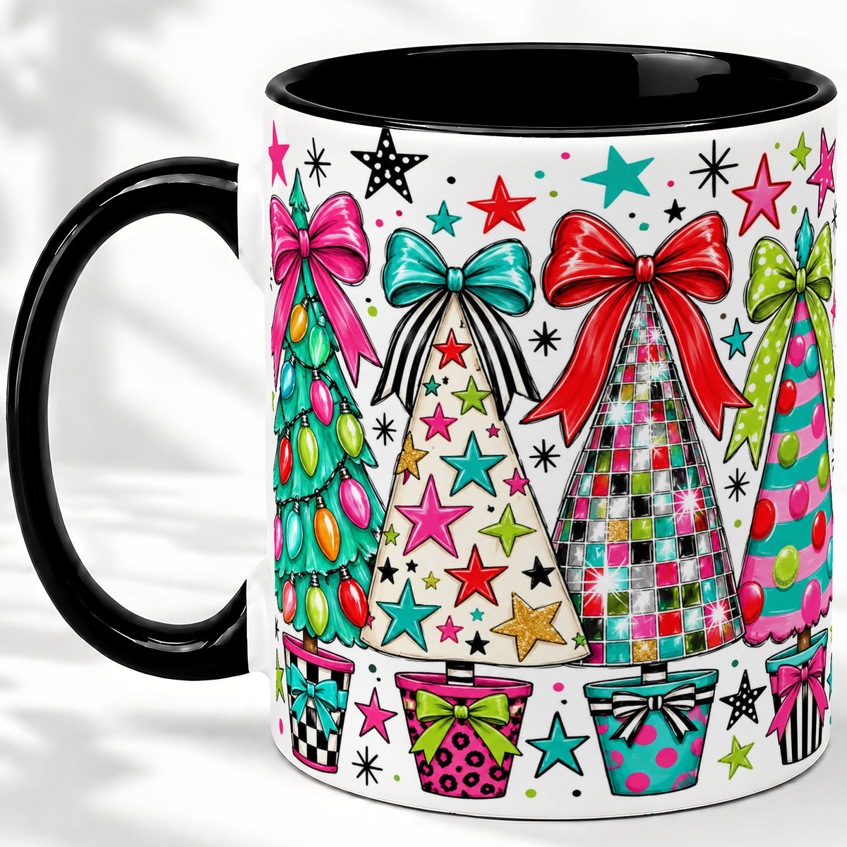 #pl[11oz|Black] Colorful Bow Christmas Trees Ceramic Mug, Whimsical Holiday Design