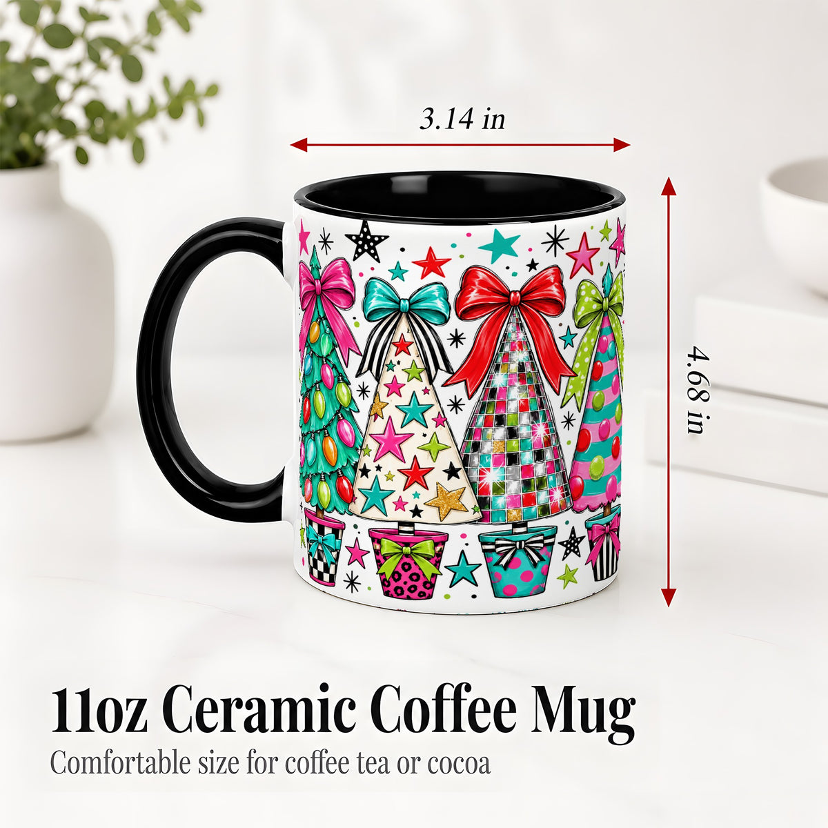 #pl[11oz|Black] Colorful Bow Christmas Trees Ceramic Mug, Whimsical Holiday Design