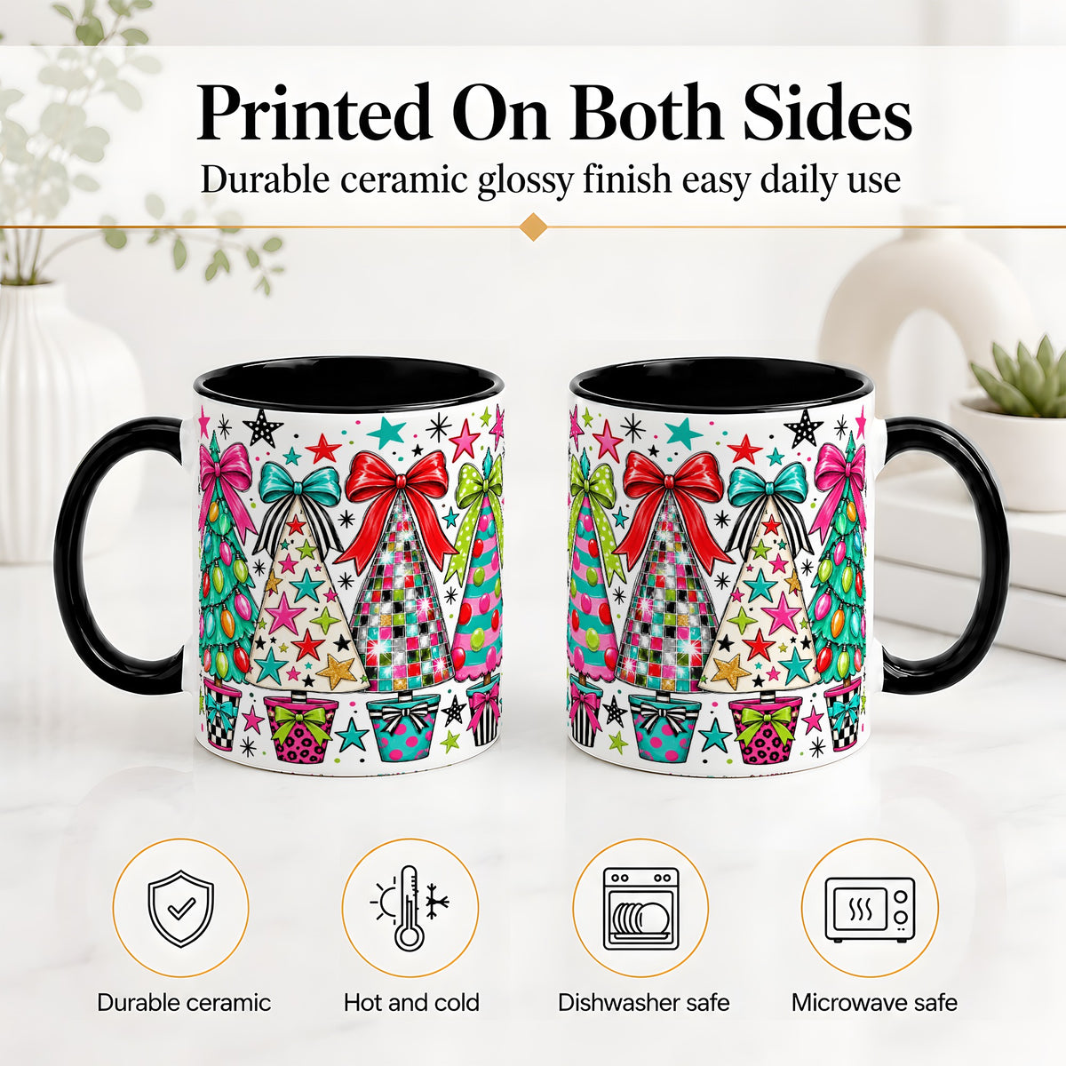 #pl[11oz|Black] Colorful Bow Christmas Trees Ceramic Mug, Whimsical Holiday Design