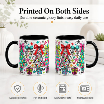 #pl[11oz|Black] Colorful Bow Christmas Trees Ceramic Mug, Whimsical Holiday Design