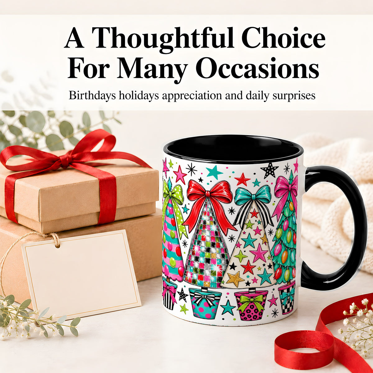 #pl[11oz|Black] Colorful Bow Christmas Trees Ceramic Mug, Whimsical Holiday Design