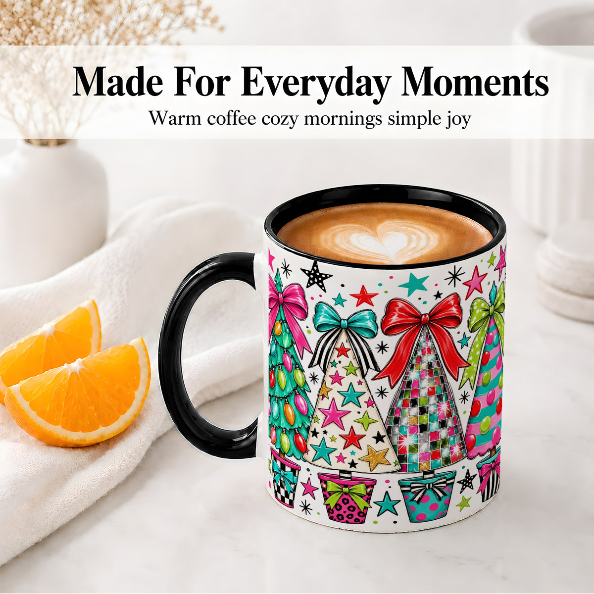 #pl[11oz|Black] Colorful Bow Christmas Trees Ceramic Mug, Whimsical Holiday Design