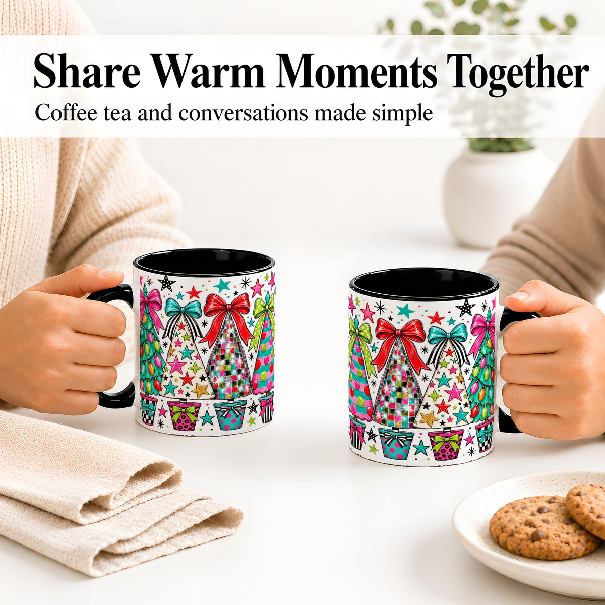 #pl[11oz|Black] Colorful Bow Christmas Trees Ceramic Mug, Whimsical Holiday Design