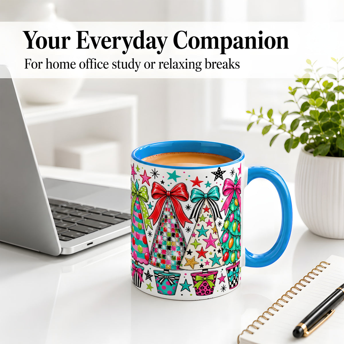 #pl[11oz|Blue] Colorful Bow Christmas Trees Ceramic Mug, Whimsical Holiday Design