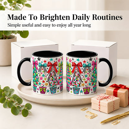 #pl[11oz|Black] Colorful Bow Christmas Trees Ceramic Mug, Whimsical Holiday Design