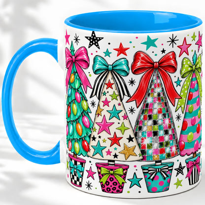 #pl[11oz|Blue] Colorful Bow Christmas Trees Ceramic Mug, Whimsical Holiday Design