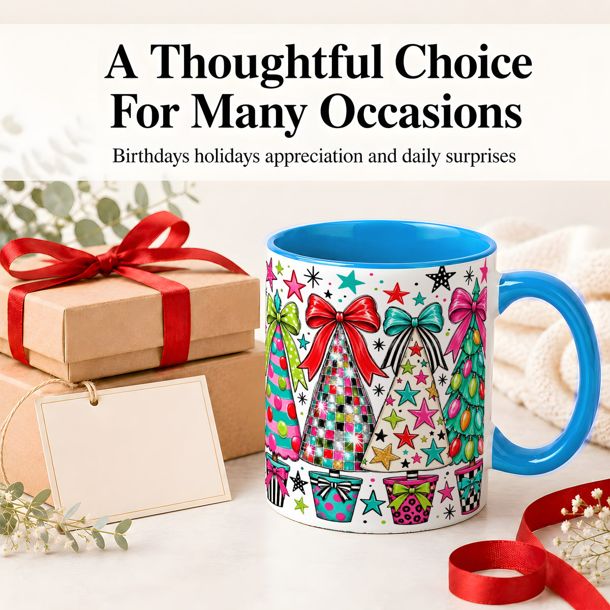 #pl[11oz|Blue] Colorful Bow Christmas Trees Ceramic Mug, Whimsical Holiday Design