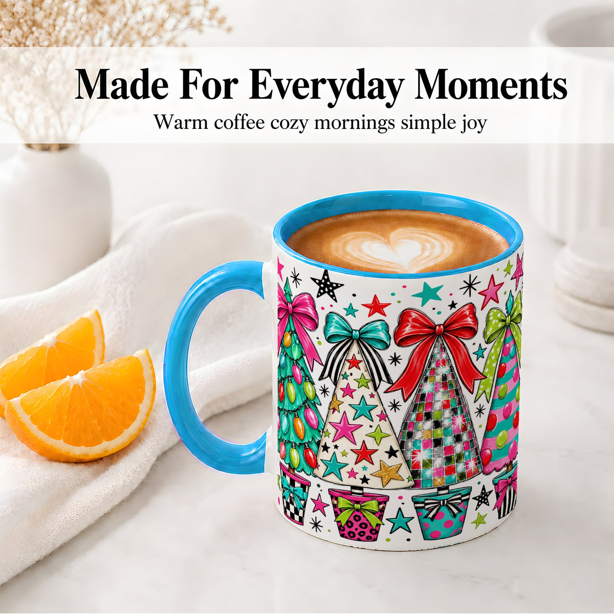 #pl[11oz|Blue] Colorful Bow Christmas Trees Ceramic Mug, Whimsical Holiday Design
