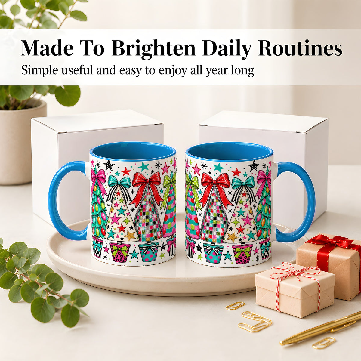 #pl[11oz|Blue] Colorful Bow Christmas Trees Ceramic Mug, Whimsical Holiday Design